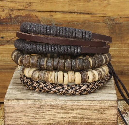 Rustic Textures Leather and Wood Unisex Braclet